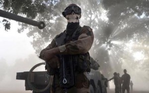 French soldier in Mali wearing a scarf with death's head motif – from odieux connard – public domain