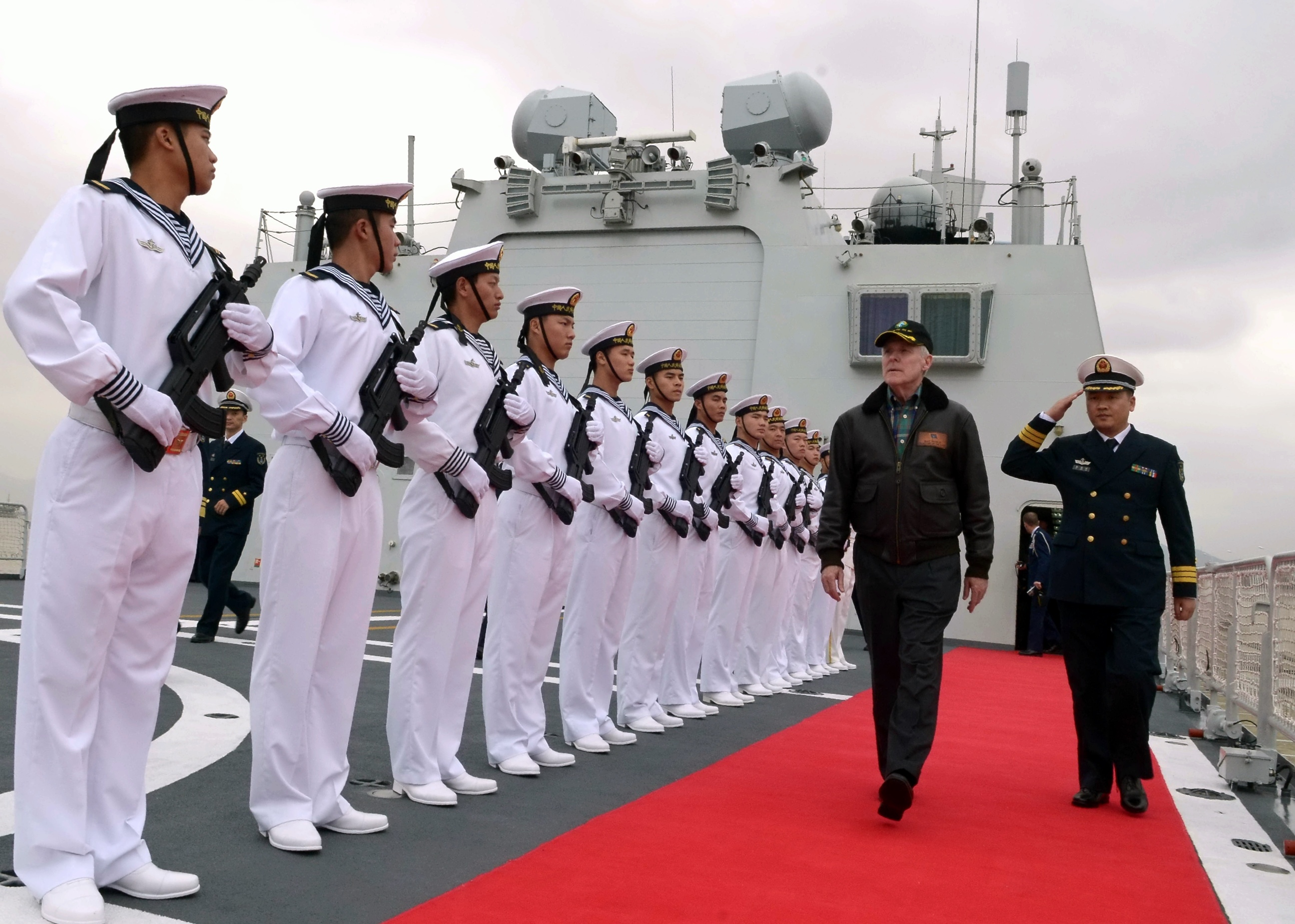 Featured image: Ningbo, CHINA (November 29, 2012) Secretary of the Navy (SECNAV) Ray Mabus is rendered honors by Chinese Sailors, during a visit to the People's Liberation Army (Navy) Jiangkai II class ship, XU ZHOU (FFG 539) in Ningbo, China. Secretary Mabus is visiting China to discuss the United States' new defense strategy, deepening our military-to-military engagements, rebalancing toward the Pacific and fostering a positive, cooperative and comprehensive relationship with China. (U.S. Navy photo by Chief Mass Communication Specialist Sam Shavers/Released)