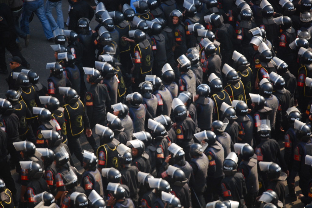 Rows of Egyptian Central Security Forces quelling 2011 Egyptian Protests in the Day of Anger 25th of January, 2011. Image credit: CC-BY-SA