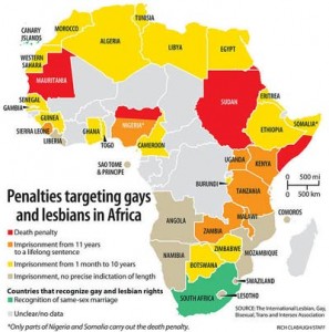 A map showing penalties targeting gays and lesbians in Africa. Image source: http://ilga.org/