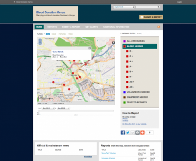 A screenshot of a crowdmap showing blood donation sites in Kenya. Image source: Ushahidi blog.